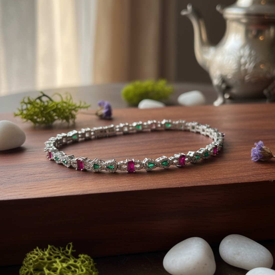 Elegant Ruby and Emerald Diamond Tennis Bracelet