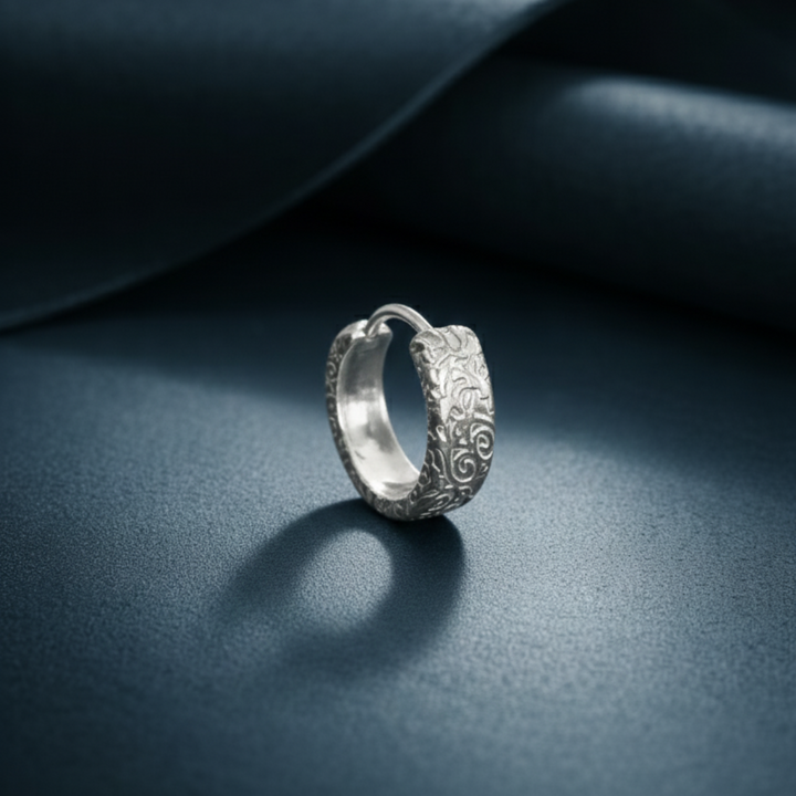 Intricate Scrollwork Silver Texture Huggie Hoop Earrings