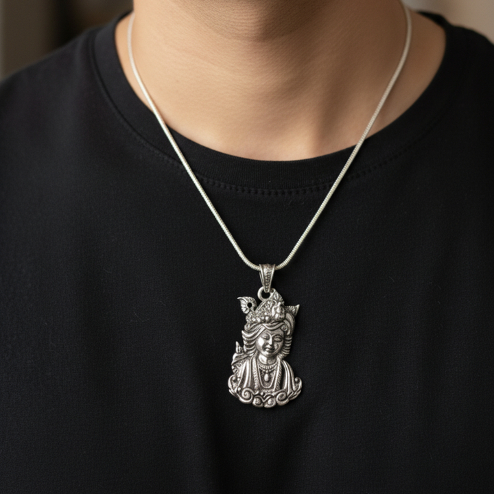 Divine Oxidized Lord Krishna Silver Pendant with Intricate Peacock Feather Design