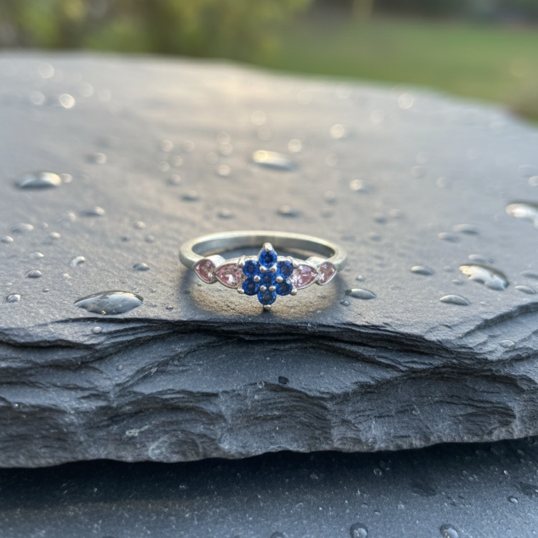Silver Flower Ring with Blue and Pink Gemstones