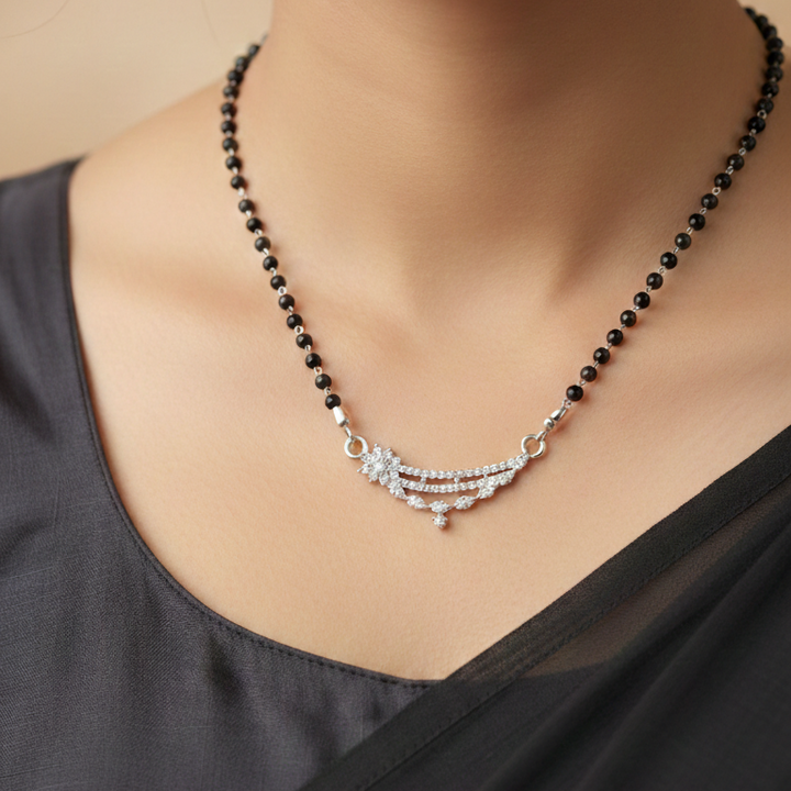 Shimmering Floral Diamond Mangalsutra in Sterling Silver