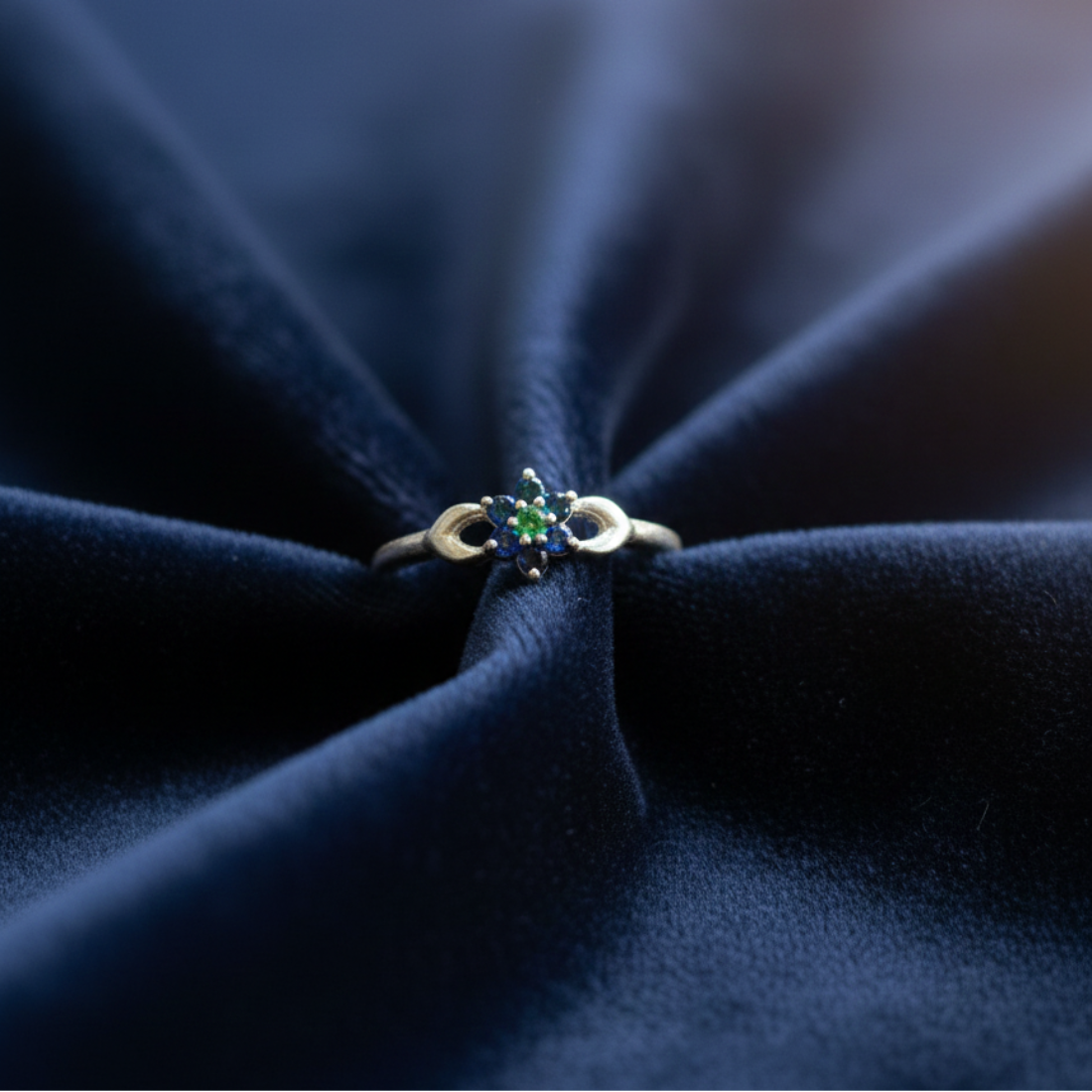 Elegant Silver Ring with Sapphire and Emerald Cluster