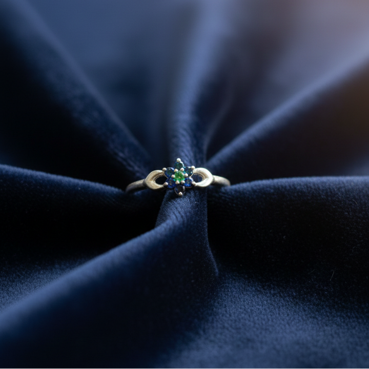 Elegant Silver Ring with Sapphire and Emerald Cluster