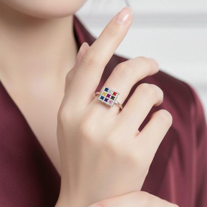 Sterling Silver Navratna Multi-Stone Square Statement Ring