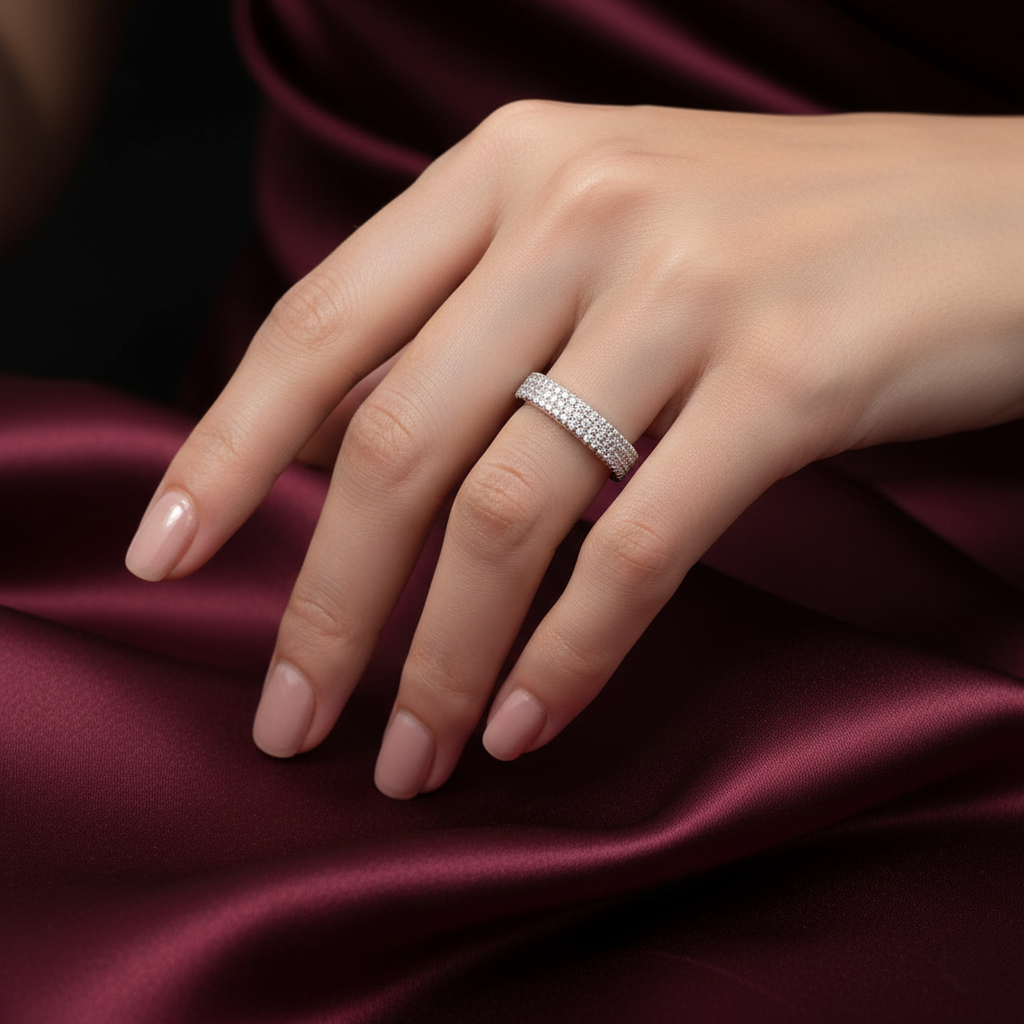 Dazzling Triple-Row Diamond Eternity Silver Band