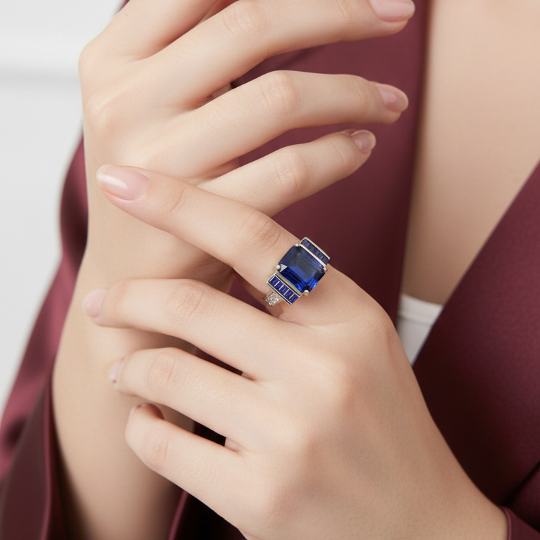 Royal Blue Radiant Cut Sapphire Silver Statement Ring