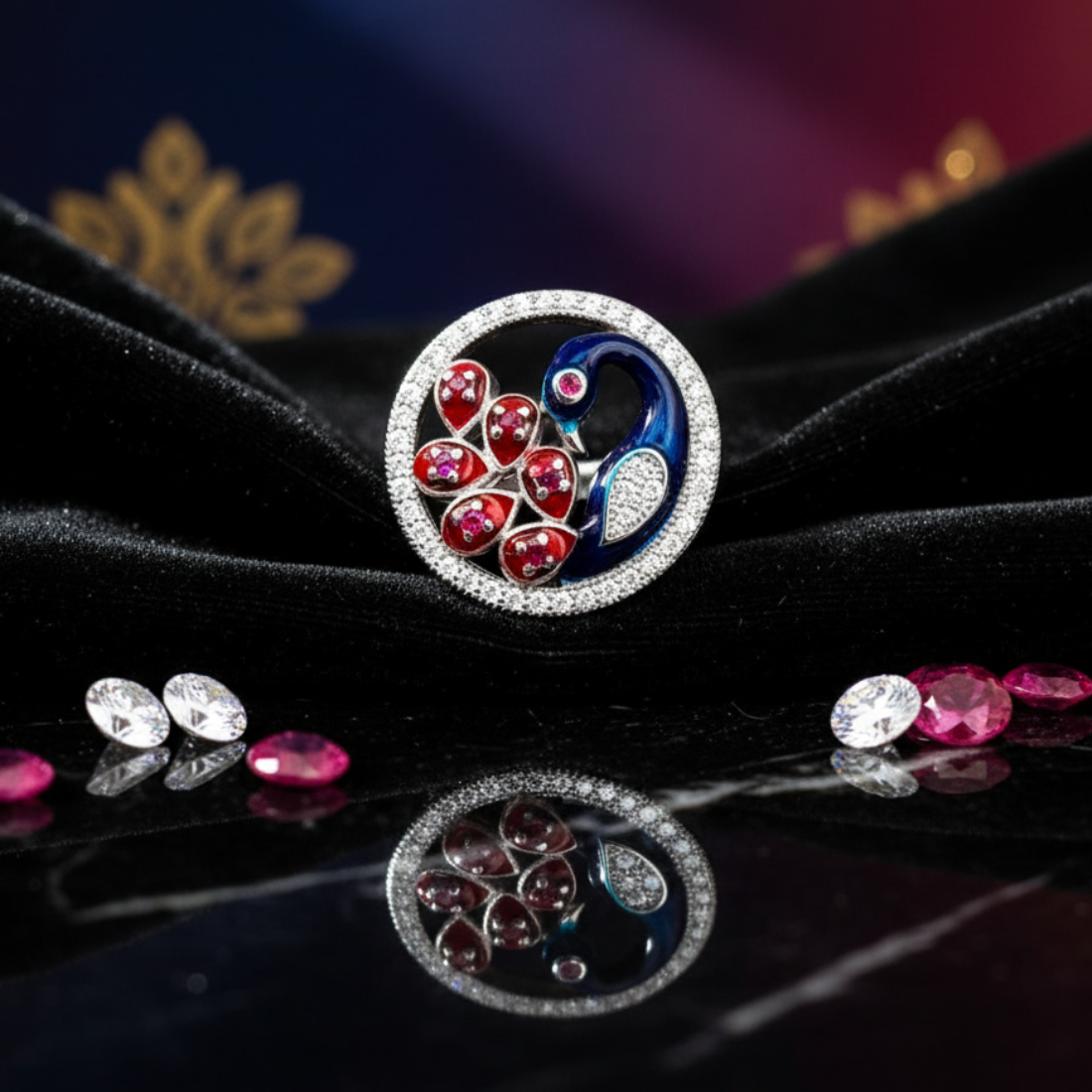 Silver Gorgeous Red Gem Stone Peacock Girls Ring