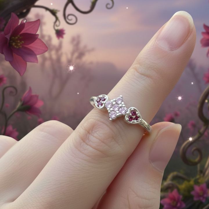 Delicate Silver Bypass Ring with Pink Star and Ruby Heart Gemstone Accents