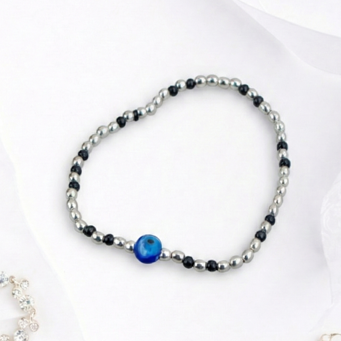 Protective Evil Eye Beaded Silver Bracelet