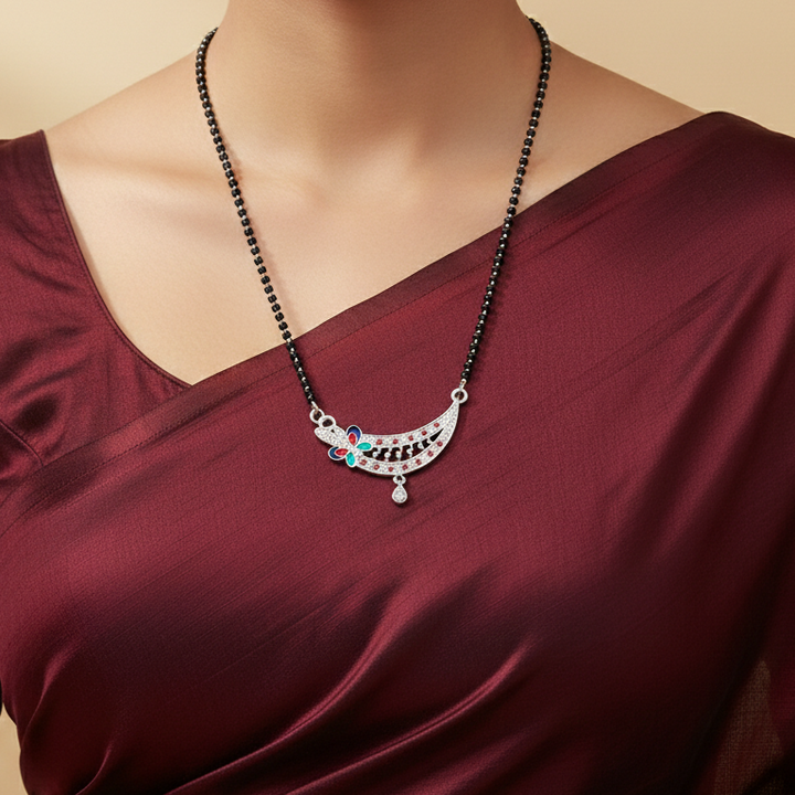 Enamel Butterfly Accent Crescent Silver Mangalsutra