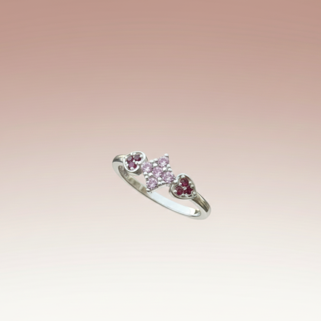 Delicate Silver Bypass Ring with Pink Star and Ruby Heart Gemstone Accents