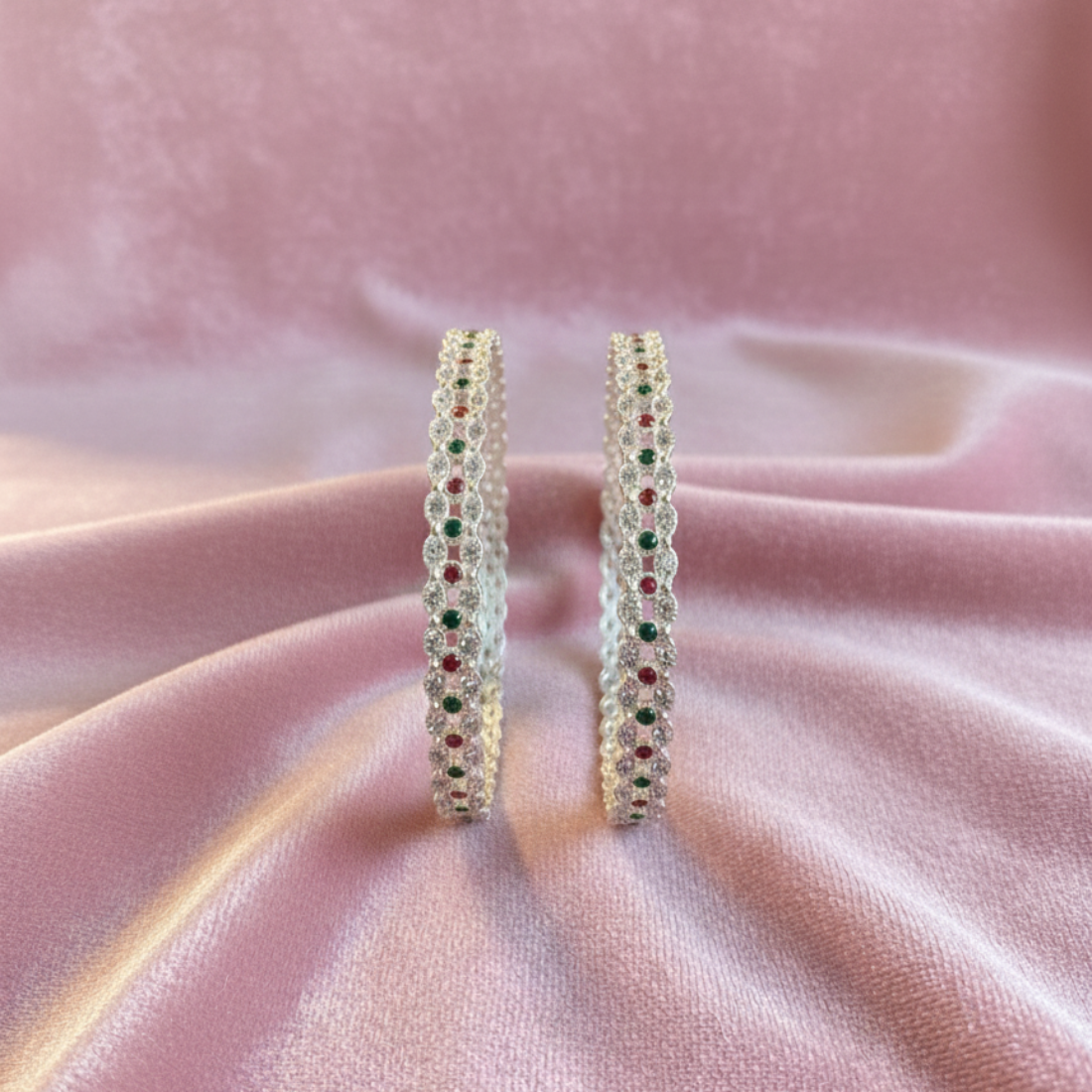 Elegant Silver Bangles with Ruby and Emerald Accents