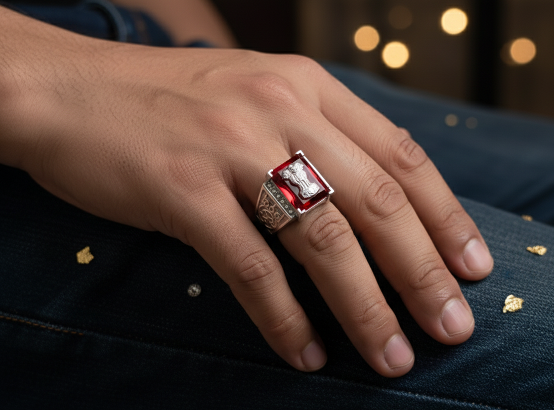 Ornate Silver and Red Gemstone Ring with India's National Emblem