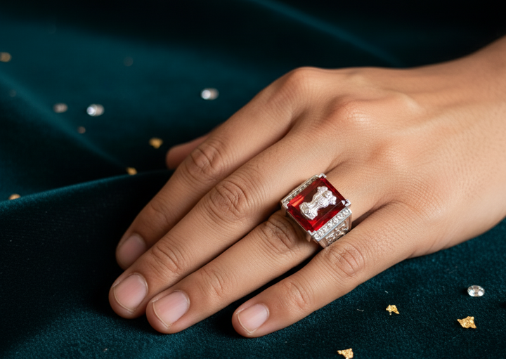 Ornate Silver and Red Gemstone Ring with India's National Emblem