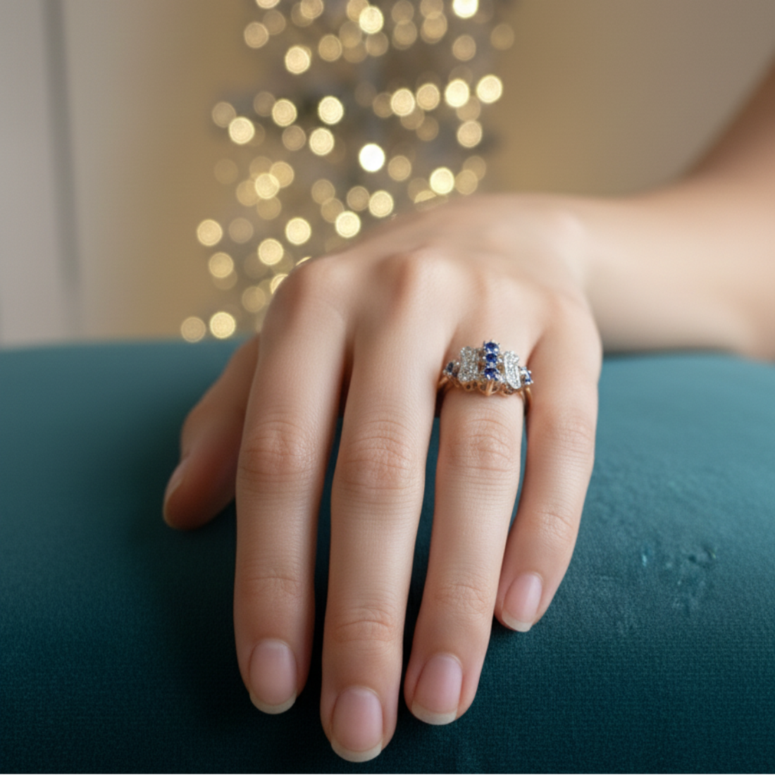 Vintage-Inspired Silver Ring with Ornate Blue Gemstone and Diamond Accents. - Balaji Jewellers