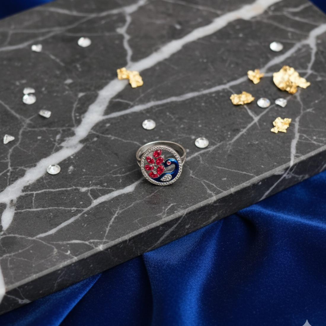 Silver Gorgeous Red Gem Stone Peacock Girls Ring