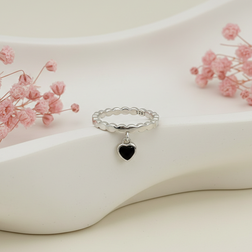 Midnight Love Silver Scalloped Band with Onyx Heart Charm