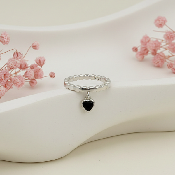 Midnight Love Silver Scalloped Band with Onyx Heart Charm