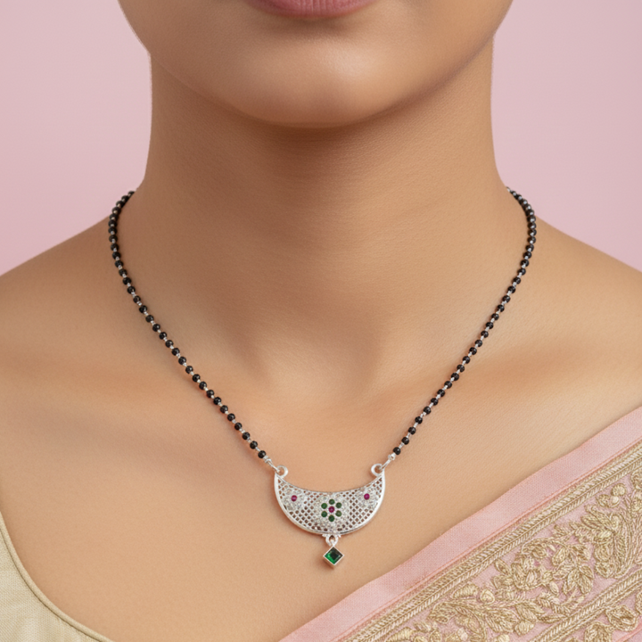 Modern Silver Mangalsutra Emerald Drop Pendant