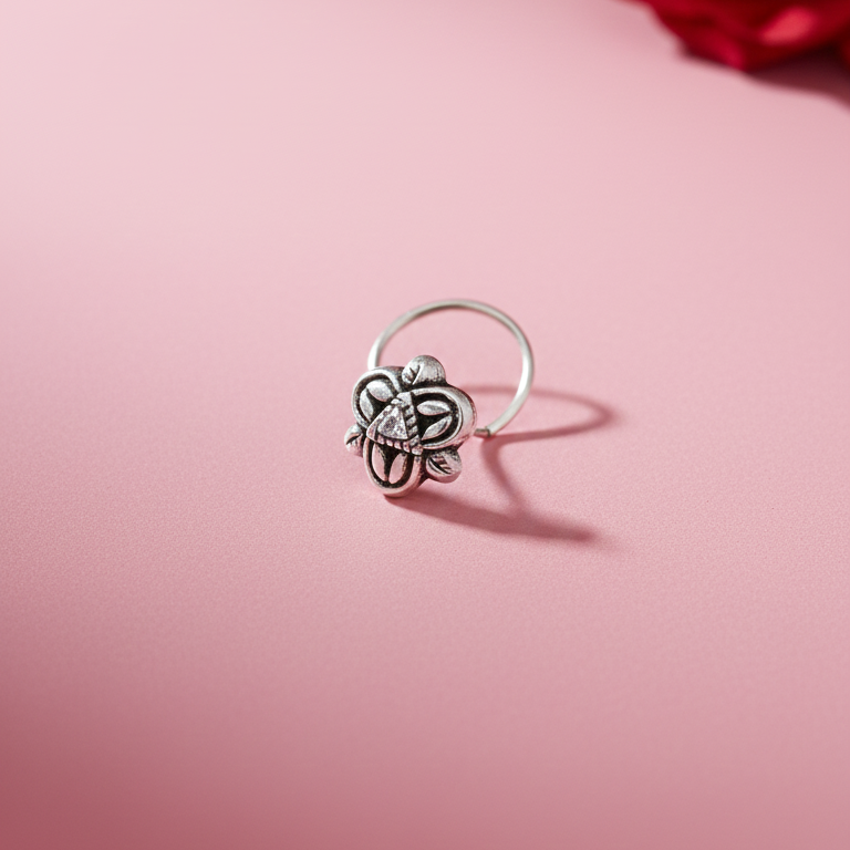 Silver Floral Oxidized Nose Ring - Unique Artisanal Jewelry - Balaji Jewellers