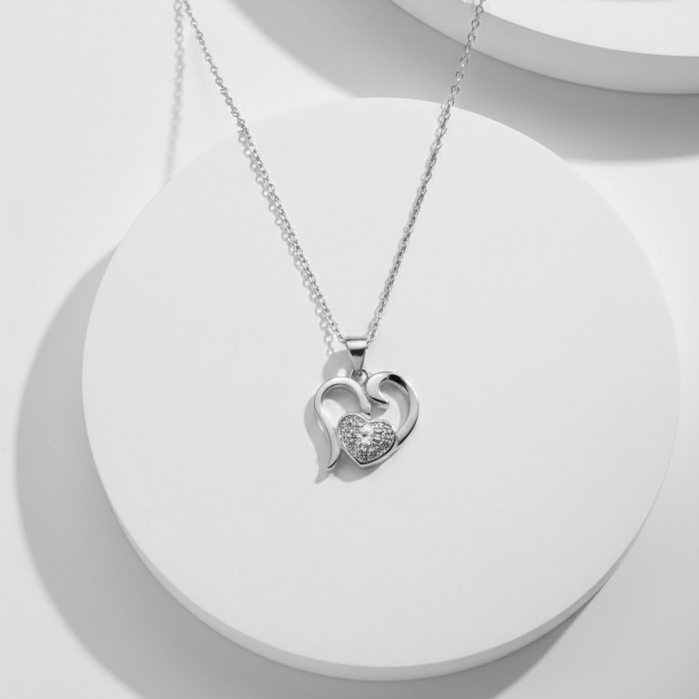 Sterling Silver Diamond-Encrusted Dual Heart Chain Pendant
