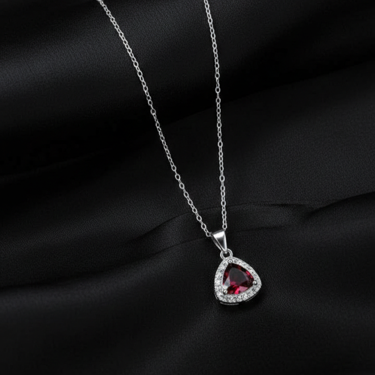 Ruby Radiance Trillion Cut Sterling Silver Halo Chain Pendent