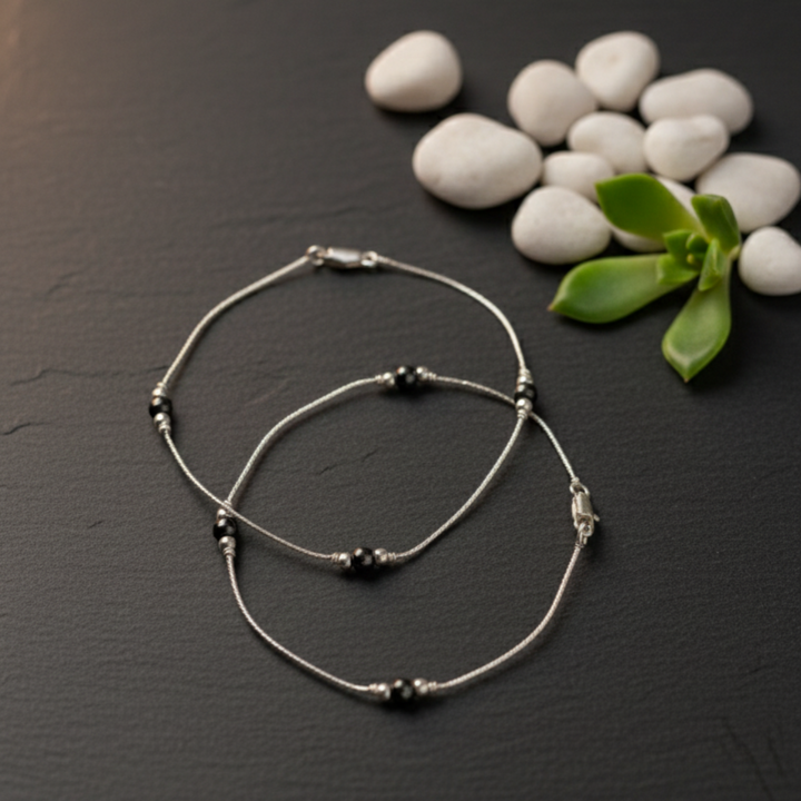 Elegant Silver Anklets with Dark Beading.