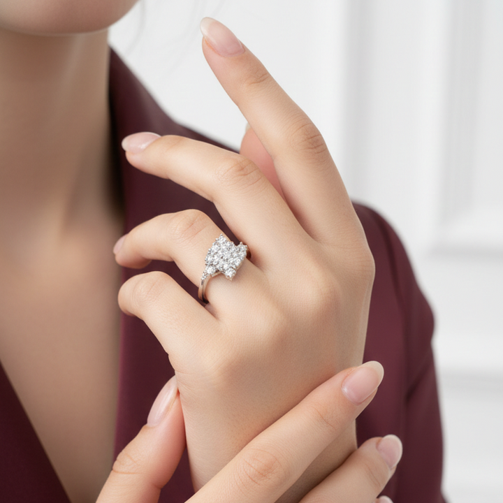 Elegant Silver Map-Inspired Diamond Cluster Statement Ring