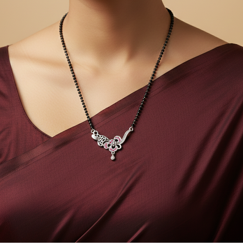 Floral Elegance Silver Mangalsutra with Pink Accents