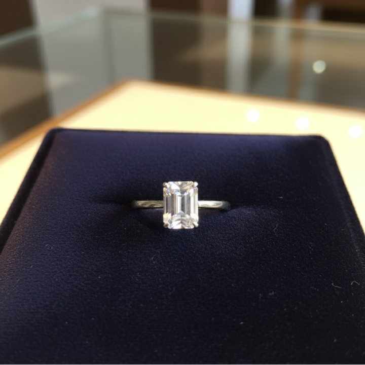 Elegant Solitaire Engagement Ring with a Large Emerald-Cut Diamond.