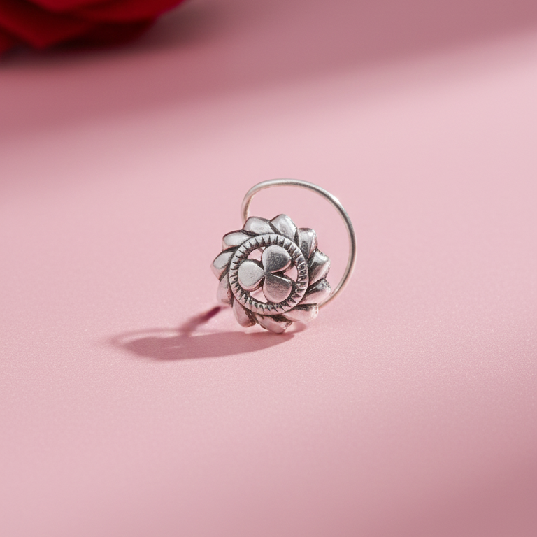 Oxidized Silver Floral Nose Pin for Women