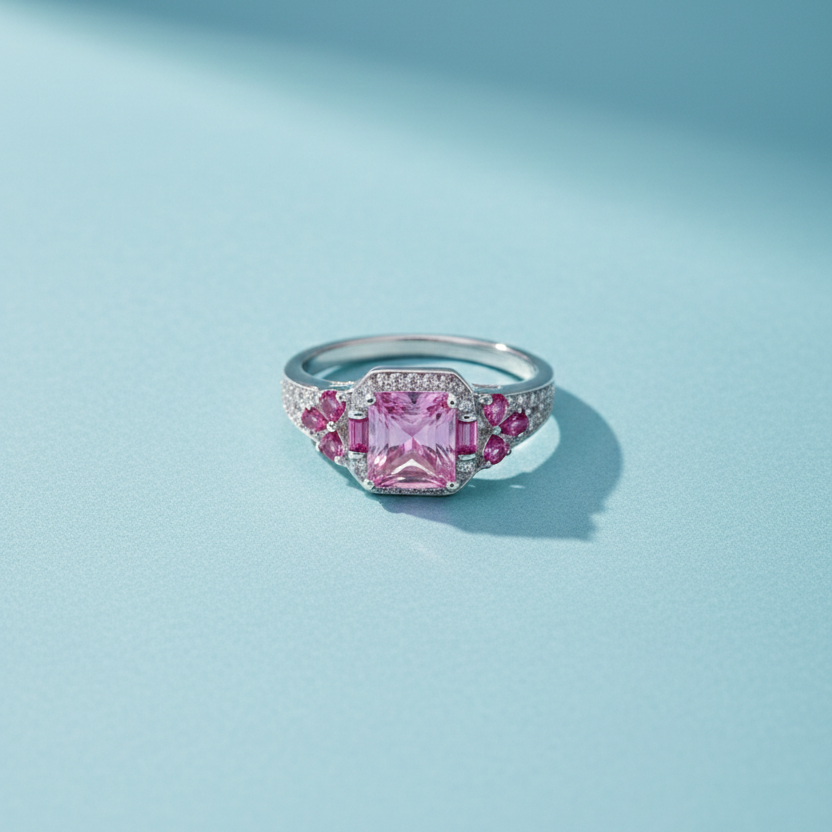 Radiant Silver Pink Zircon Halo Statement Ring for Women