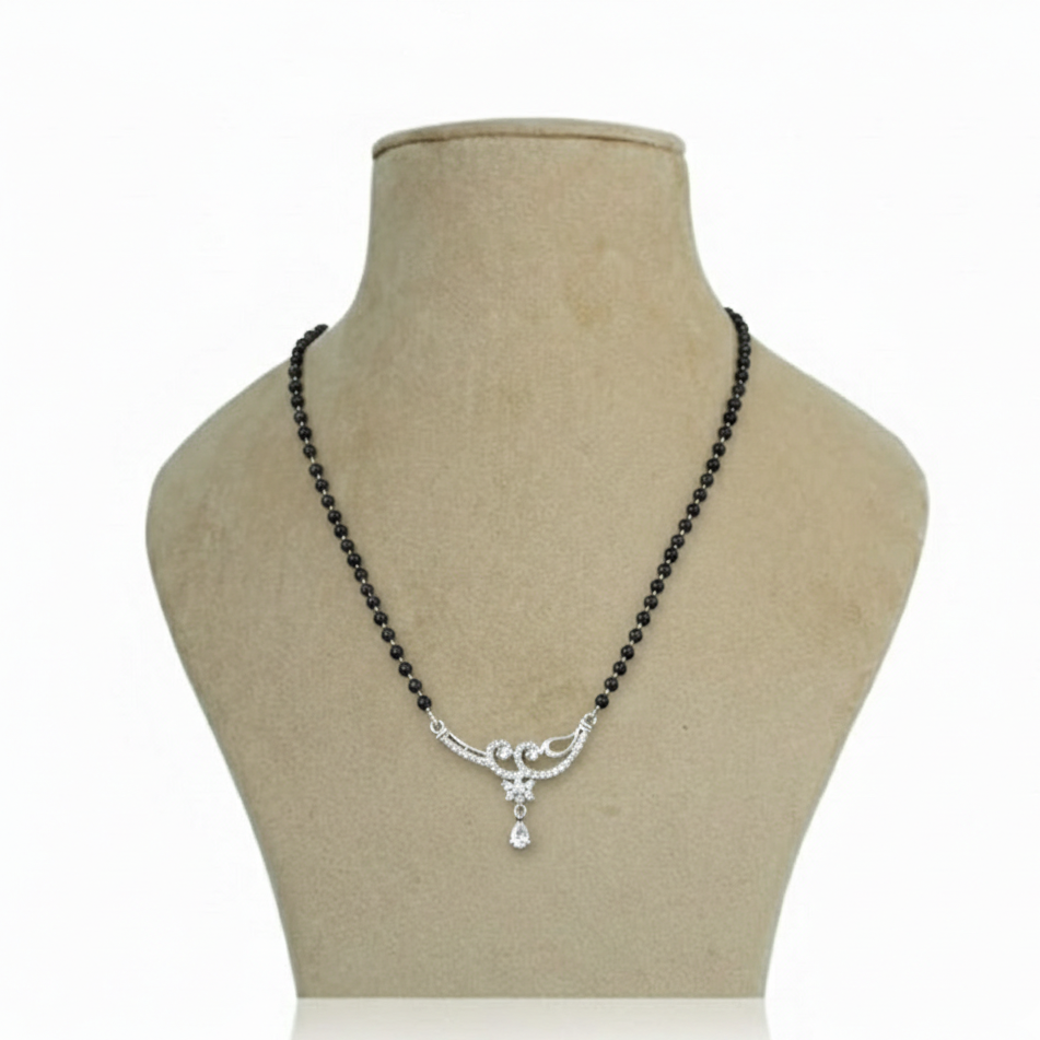 Elegant Diamond-Studded Silver Mangalsutra with Teardrop Pendant