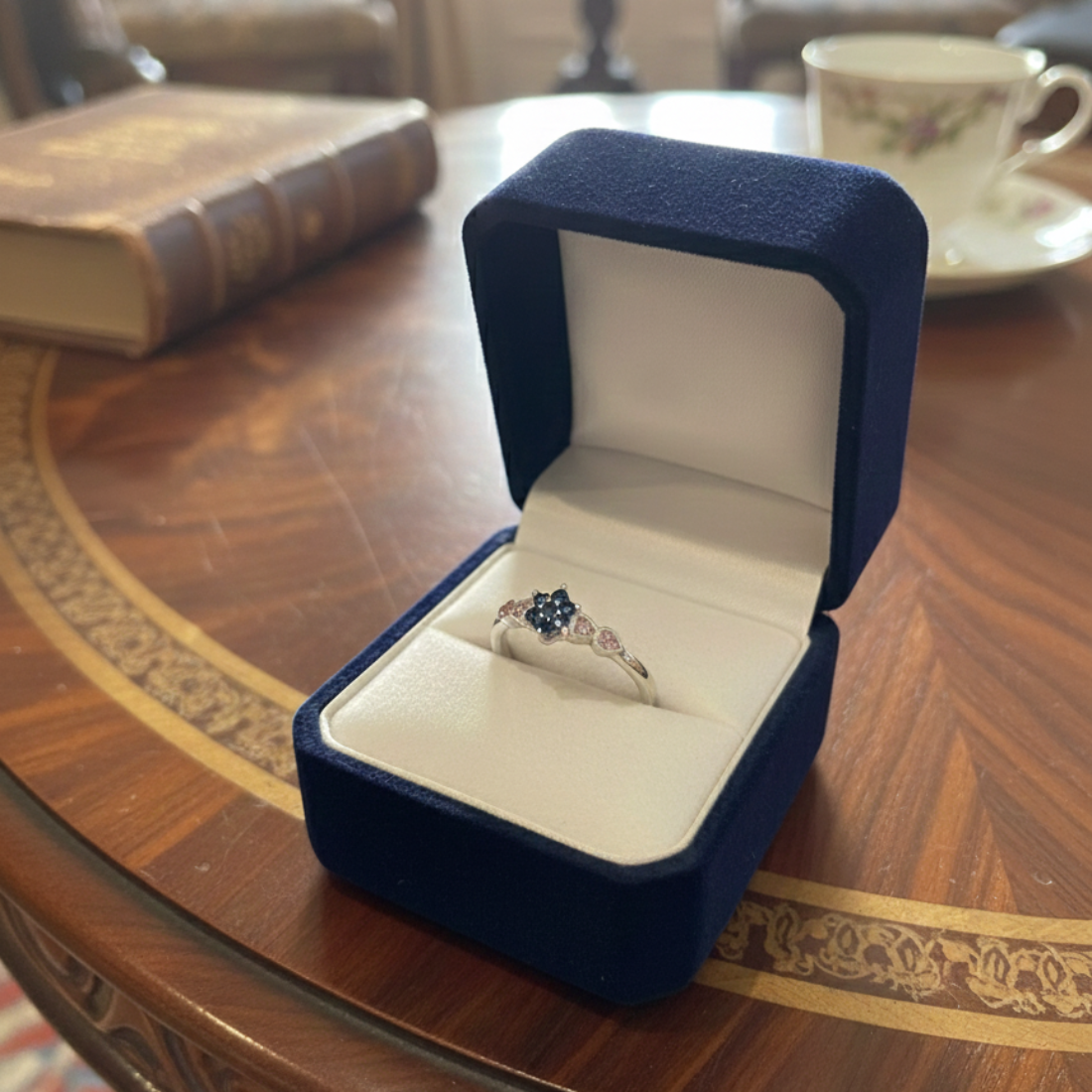 Silver Flower Ring with Blue and Pink Gemstones