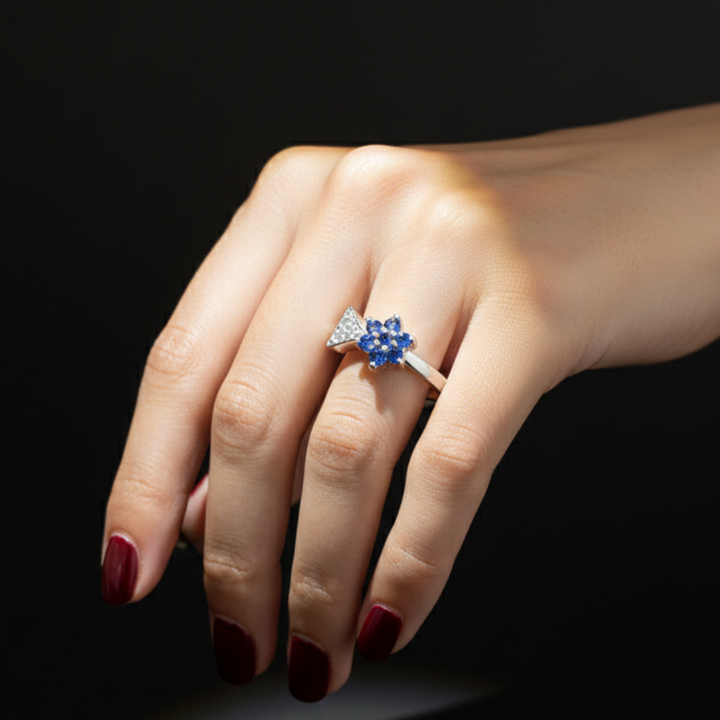 Blue Flower and Clear Triangle Accent Silver Ring.