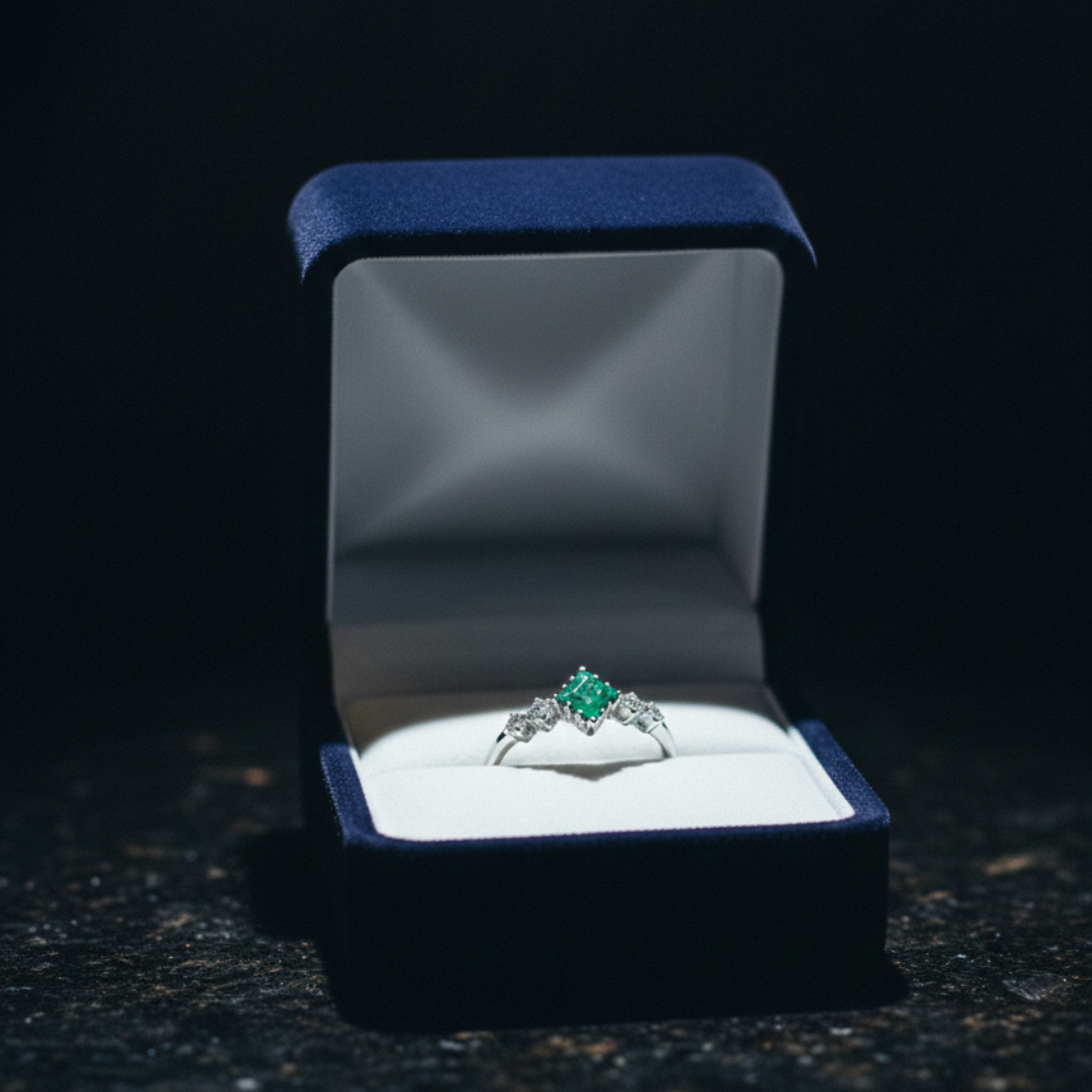 Modern Silver Ring with Square Emerald Cluster and Diamond Accents