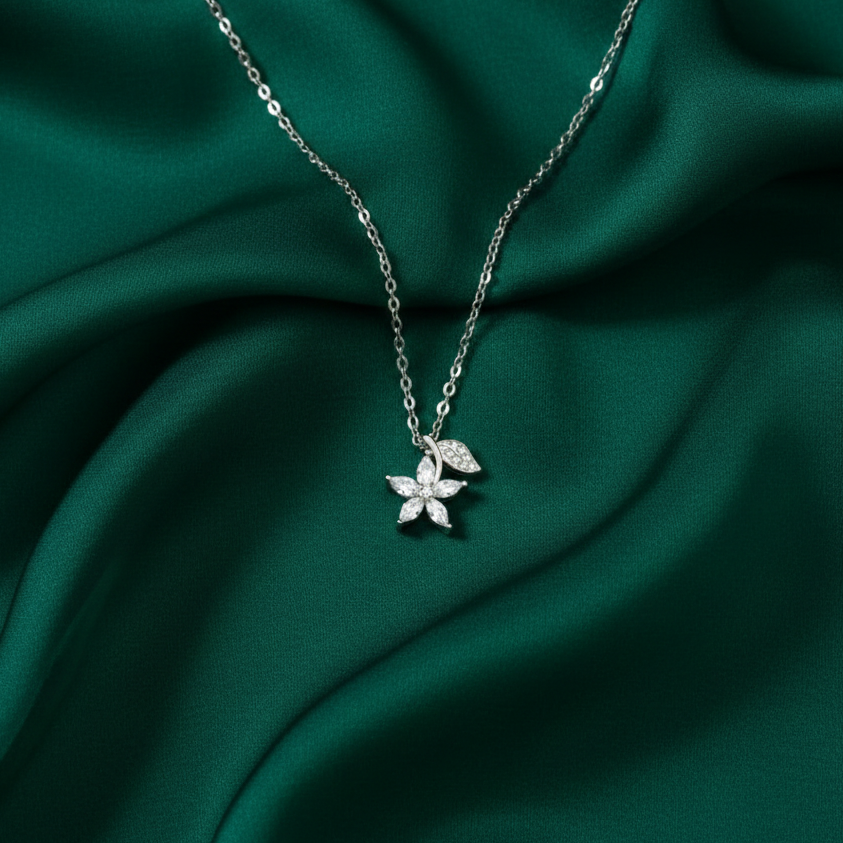 Dainty Silver Floral Marquise Zircon Pendant Necklace