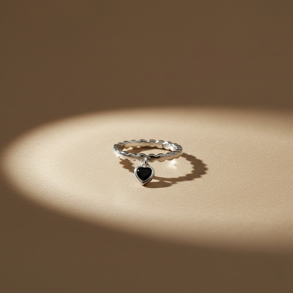 Midnight Love Silver Scalloped Band with Onyx Heart Charm