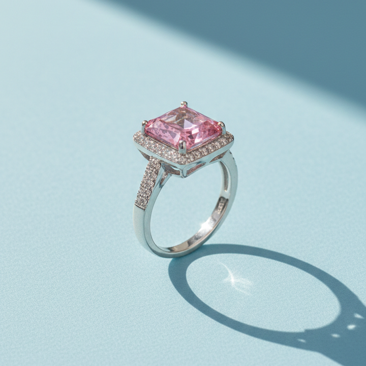 Elegant Radiant-Cut Pink Sapphire Halo Ring in Sterling Silver