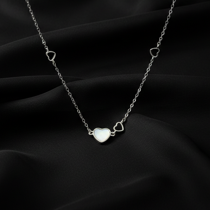 Iridescent Mother of Pearl Heart Station Necklace in Sterling Silver