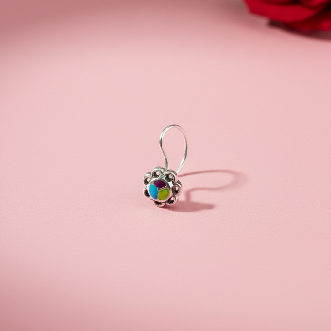 Floral Enamel Silver Nose Pin - Silver Nose Pin - Balaji Jewellers