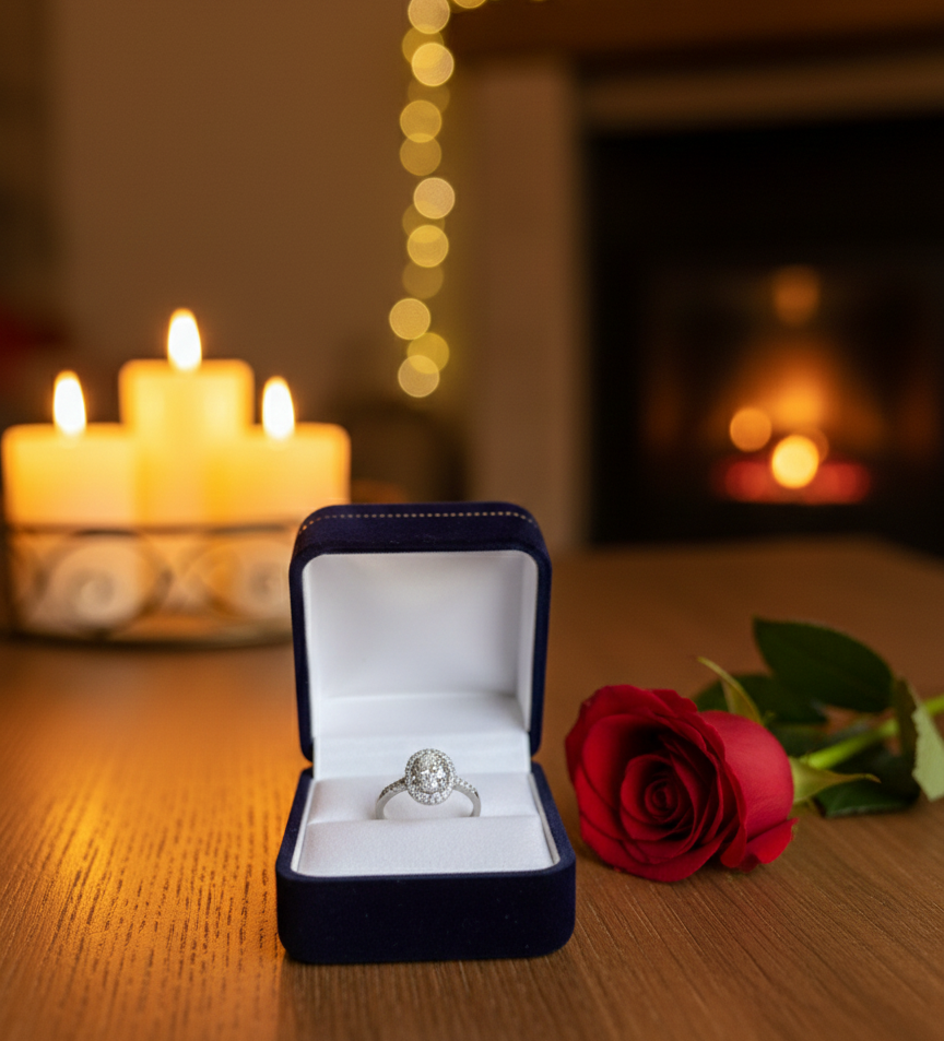 Dazzling Oval Diamond Halo Engagement Ring on a Black Pedestal