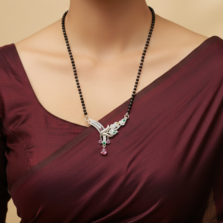 Exquisite Multi-Gemstone Floral V-Pendant Silver Mangalsutra