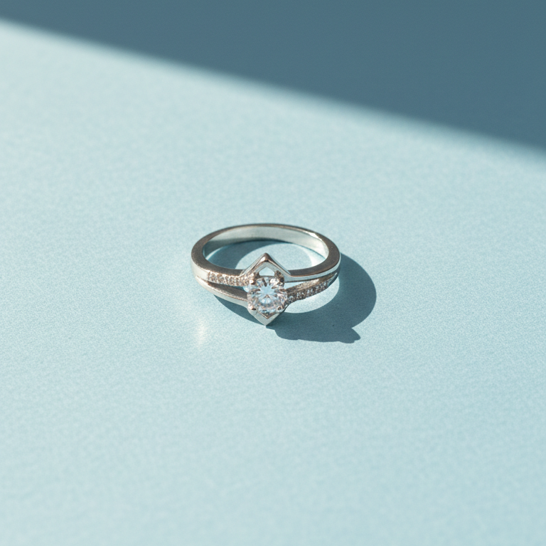 Elegant Silver Geometric Diamond Solitaire Ring