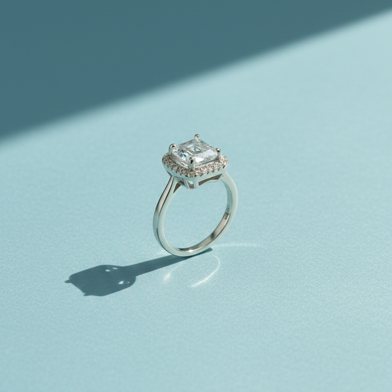 Elegant Emerald-Cut Moissanite Halo Ring in Sterling Silver