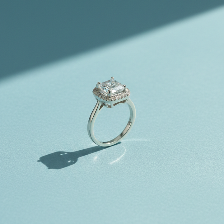 Elegant Emerald-Cut Moissanite Halo Ring in Sterling Silver