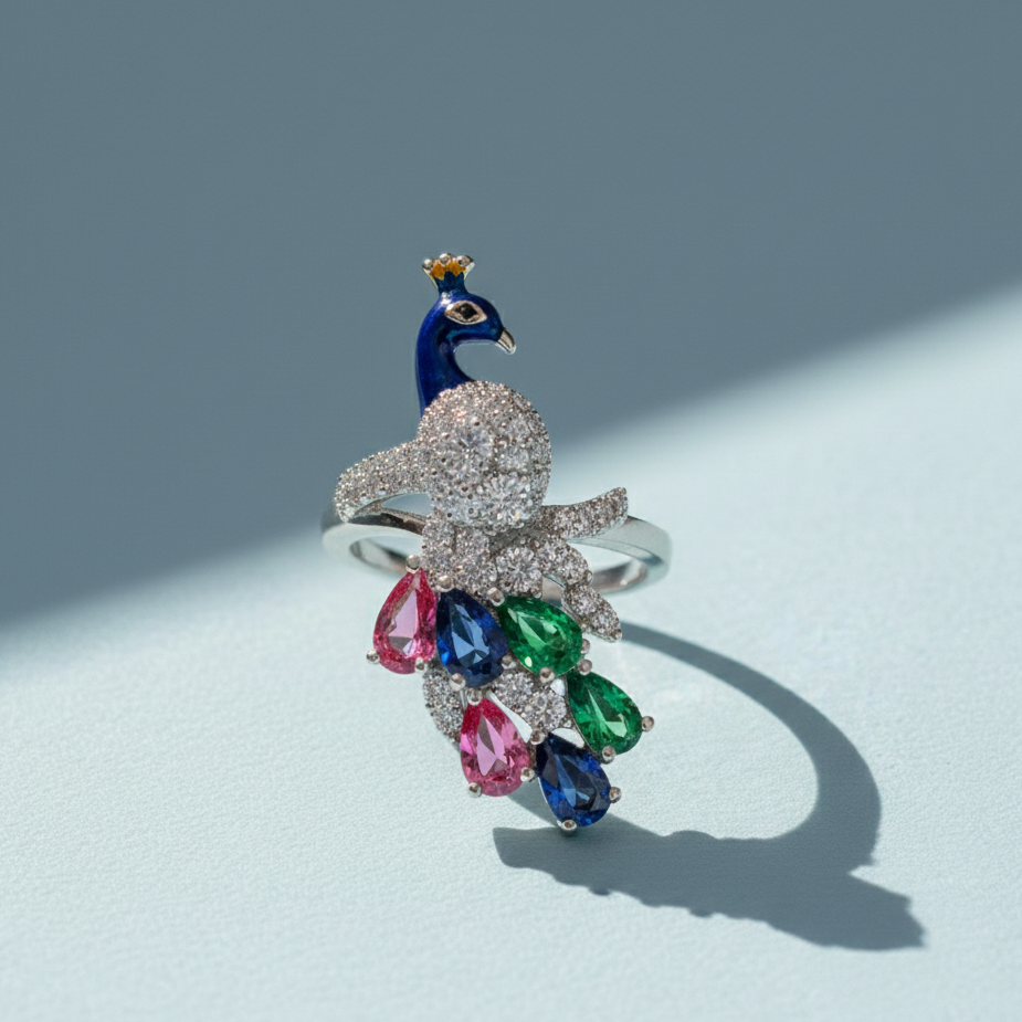 Exquisite Silver Peacock Adjustable Ring with Vibrant Multicolored Gemstones