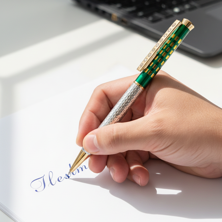 Luxurious Gold and Silver Textured Rollerball Pen with Emerald Green Accents