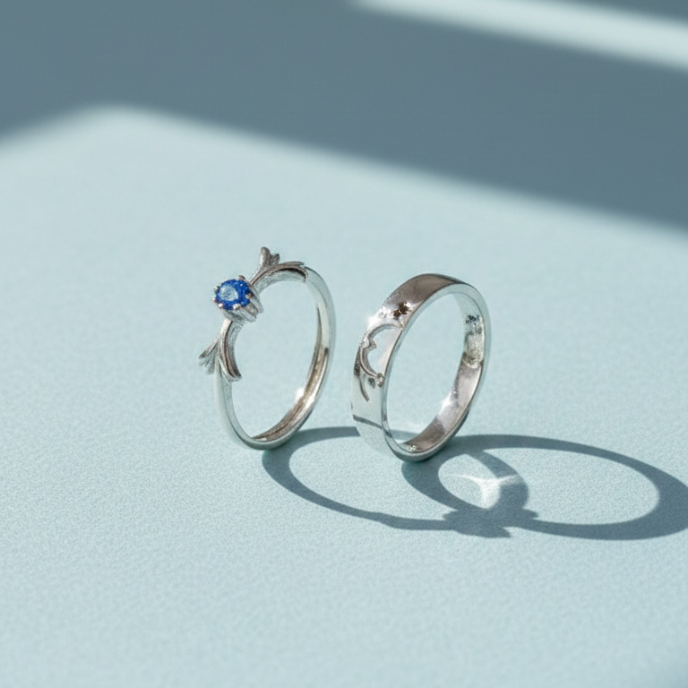 Deep Blue Sapphire Deer Antler Sterling Silver Couple Ring Set