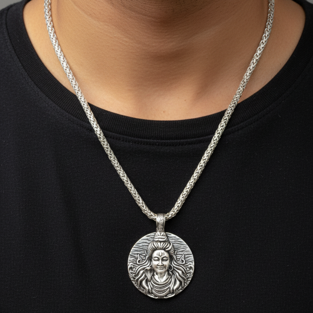 Divine Lord Shiva Face Oxidized Silver Medallion Pendant